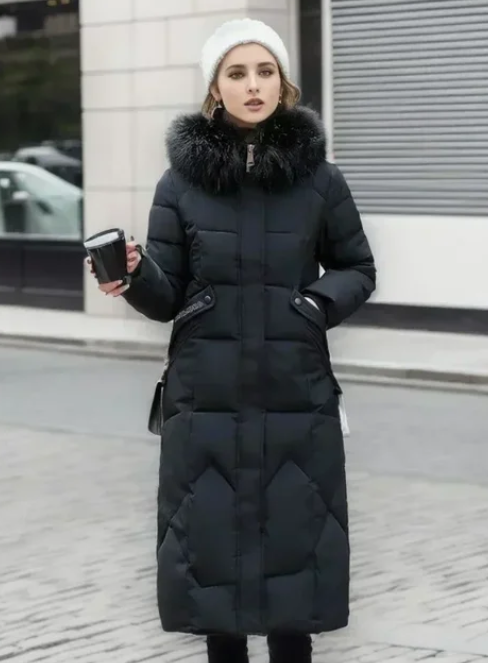 Women's  over-the-knee thickened coat with large fur collar