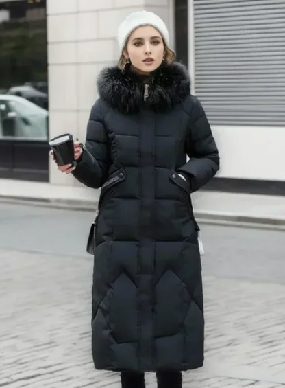 Women's  over-the-knee thickened coat with large fur collar