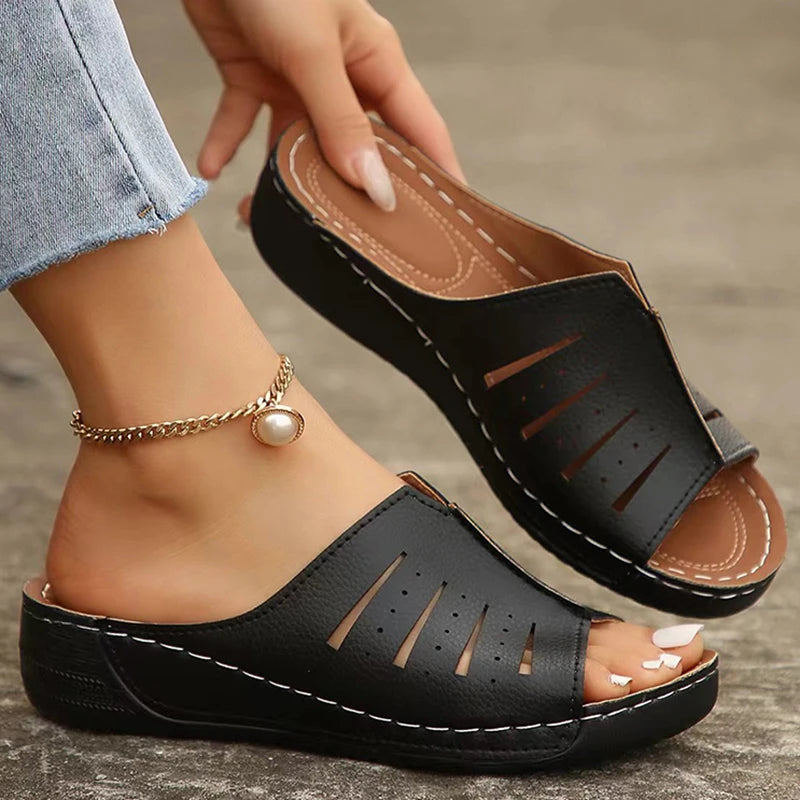 Women's Slip-On Sandals - Open-Toe Comfort - Stylish Cut-Out Design - Casual Wear