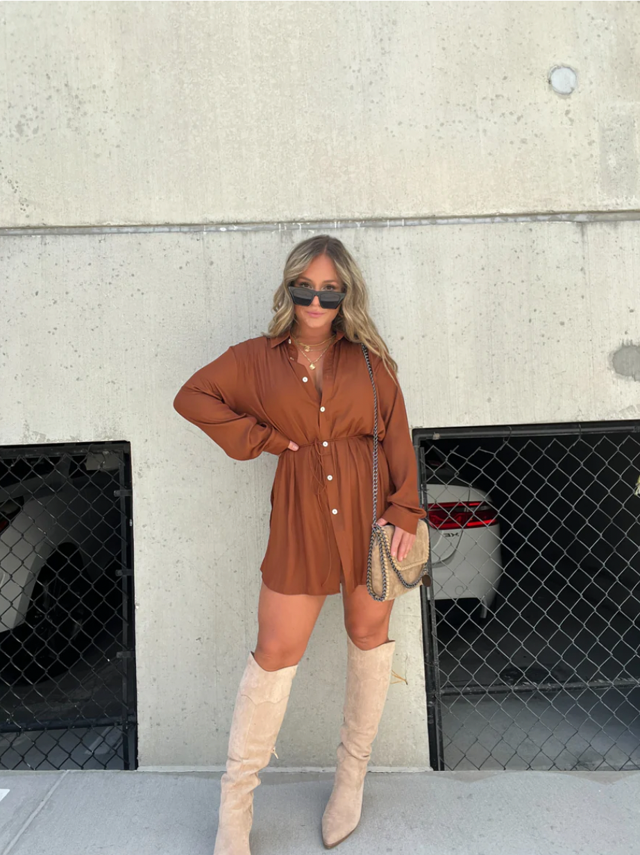 Women's Shirt Dress - Button Down - Long Sleeve - Mini Length - Waist Tie Casual Fit
