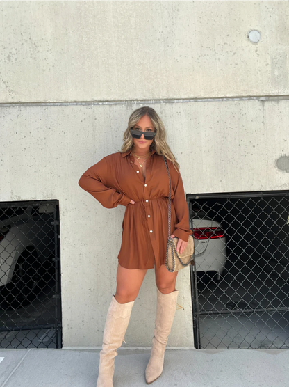 Women's Shirt Dress - Button Down - Long Sleeve - Mini Length - Waist Tie Casual Fit