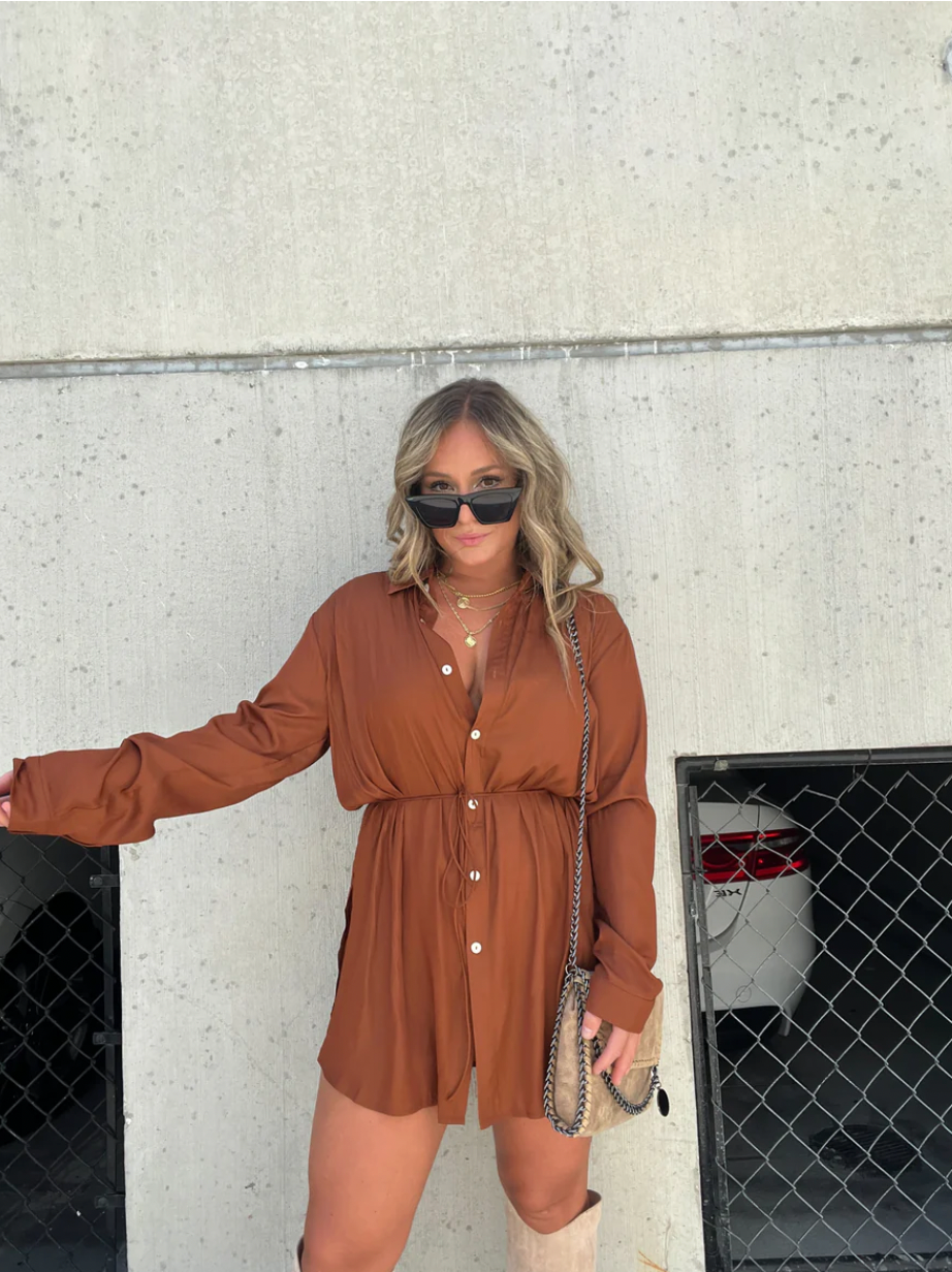Women's Shirt Dress - Button Down - Long Sleeve - Mini Length - Waist Tie Casual Fit