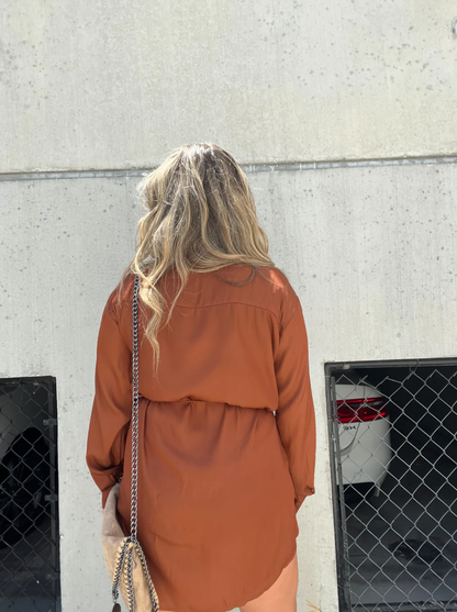 Women's Shirt Dress - Button Down - Long Sleeve - Mini Length - Waist Tie Casual Fit