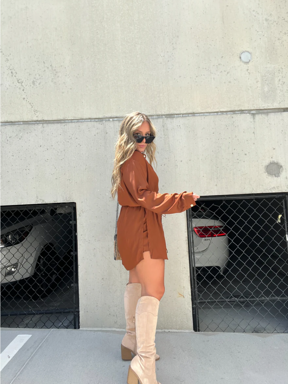 Women's Shirt Dress - Button Down - Long Sleeve - Mini Length - Waist Tie Casual Fit