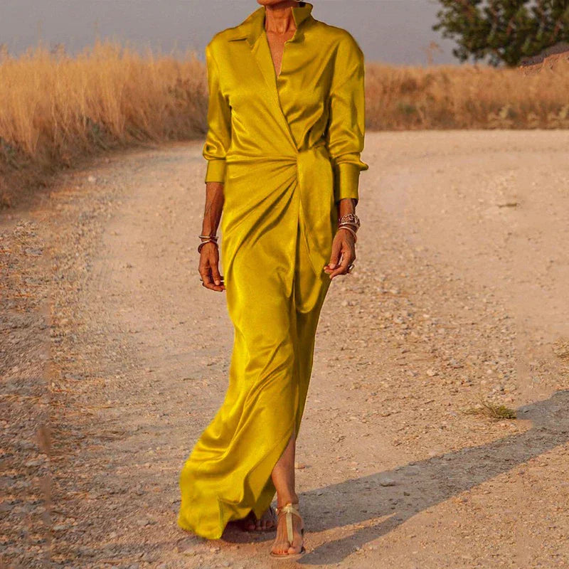 Women's Maxi Dress - Satin Silk Feel - V-Neck Collar - Long Sleeve Elegant Fit