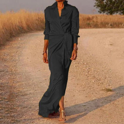 Women's Maxi Dress - Satin Silk Feel - V-Neck Collar - Long Sleeve Elegant Fit