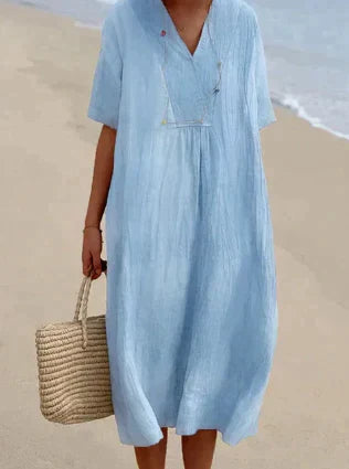 Women's Linen Relaxed Fit Dress - V-Neck - Short Sleeve - Lightweight Breathable Fabric