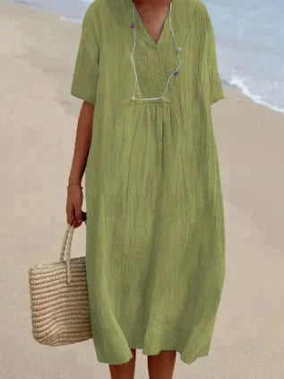 Women's Linen Relaxed Fit Dress - V-Neck - Short Sleeve - Lightweight Breathable Fabric