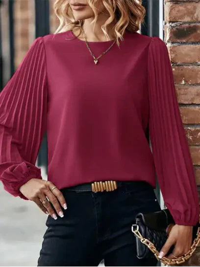 Women's pleated lantern sleeve round neck casual vacation top