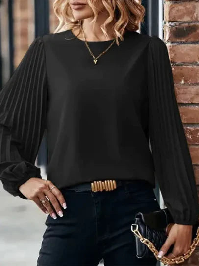 Women's pleated lantern sleeve round neck casual vacation top