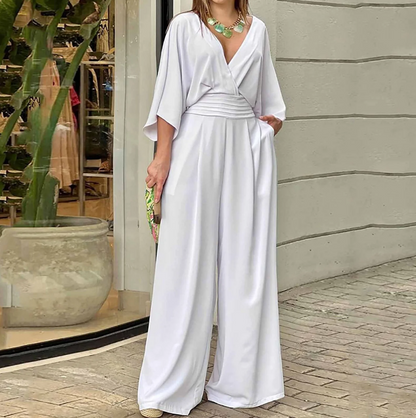 Women's Jumpsuit - Wrap V-Neck - Wide Sleeves - Cinched Waist - Flowy Wide-Leg Pants