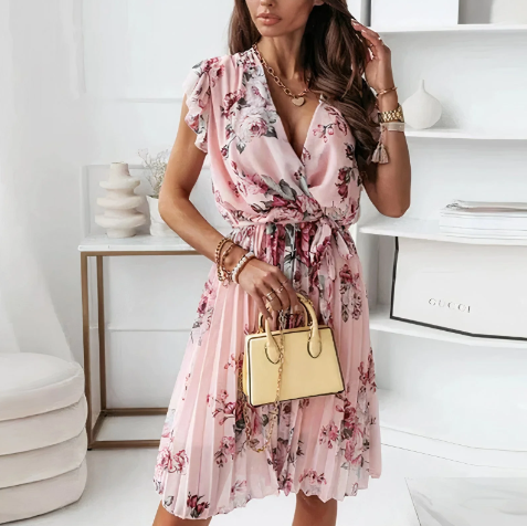 Women's Floral Wrap Dress - V-Neck - Ruffled Short Sleeve - Knee-Length Adjustable Fit