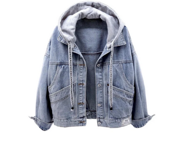 Casual women's denim jacket with hood and button closure