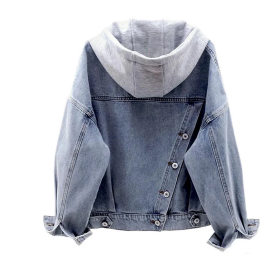 Casual women's denim jacket with hood and button closure