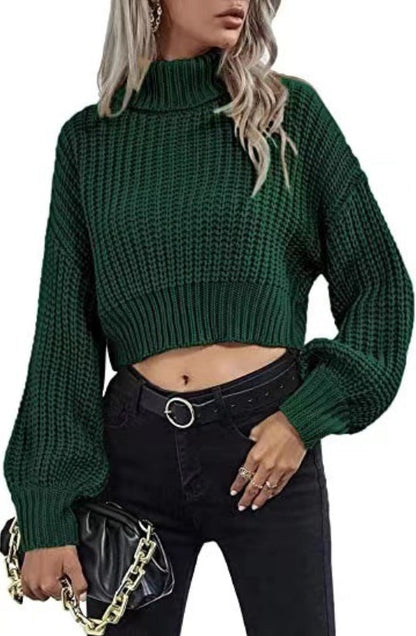 Women’s Sweater – Wool Blend Knit – Cropped Fit – High Neck – Balloon Sleeves
