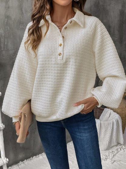 Women’s Sweatshirt – Oversized Fit – Textured Knit – Half Placket – Collared Casual Style