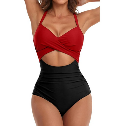 Women’s One-Piece Swimsuit – Halter Neck – Cut-Out Front – High Cut – Stretch