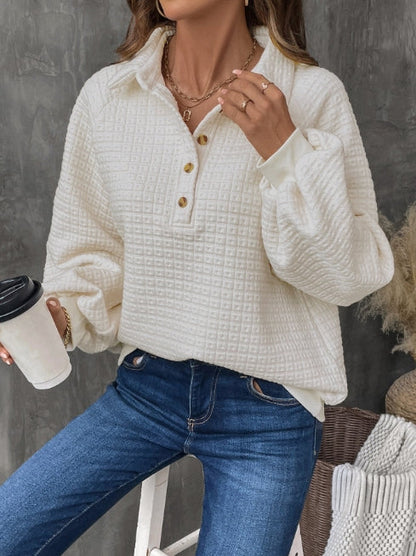 Women’s Sweatshirt – Oversized Fit – Textured Knit – Half Placket – Collared Casual Style
