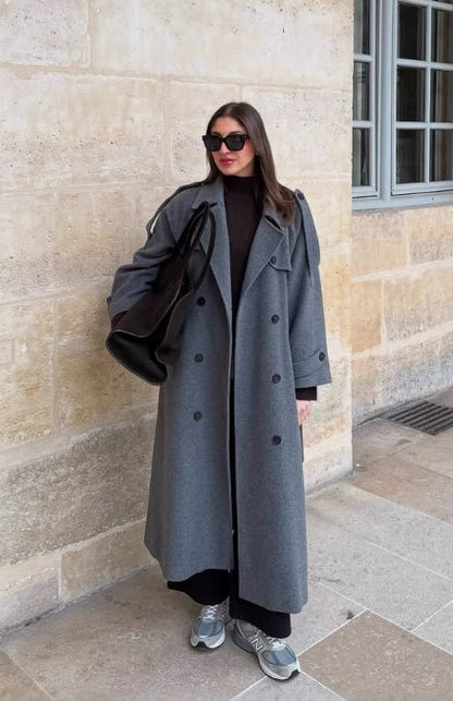 Women’s Long Coat – Wool Blend – Oversized Fit – Double-Breasted – Belted Trench