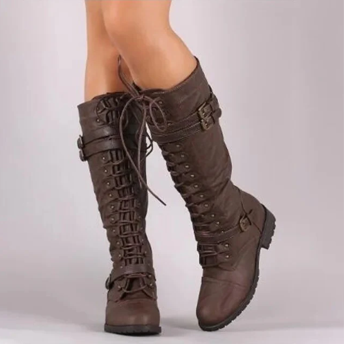 Women's mid-heel lace-up over-the-knee boots with side zipper