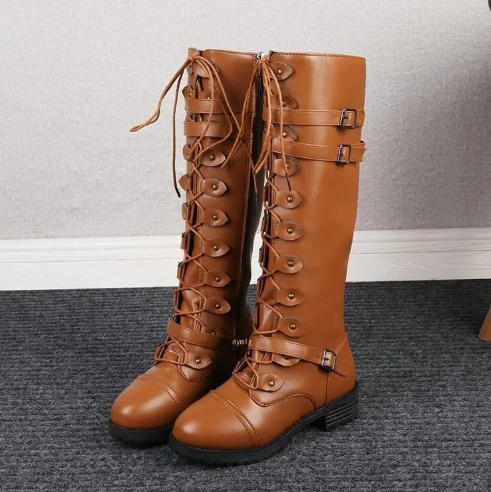 Women's mid-heel lace-up over-the-knee boots with side zipper