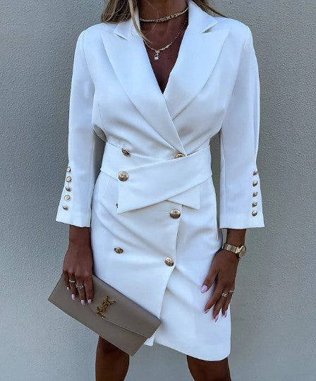 Gold Button Tailored Double-Breasted Blazer Dress