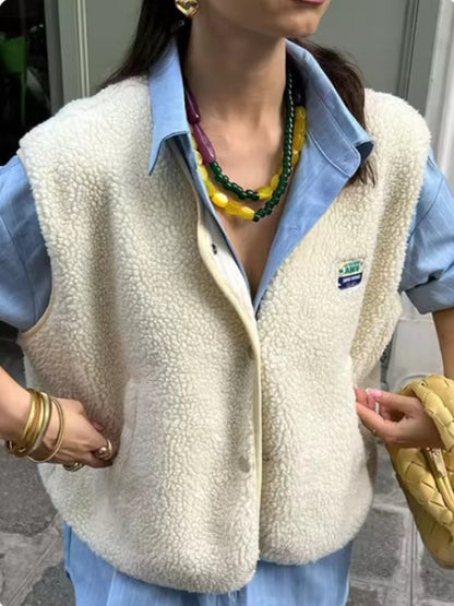 Women’s Vest – Wool Blend – Relaxed Fit – Round Neck – Snap Button Casual Layer