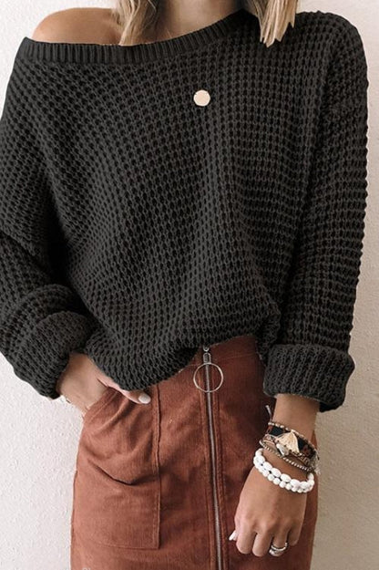 Women’s Knitted Sweater – Relaxed Fit – Off Shoulder – Ribbed Cuffs – Long Sleeve