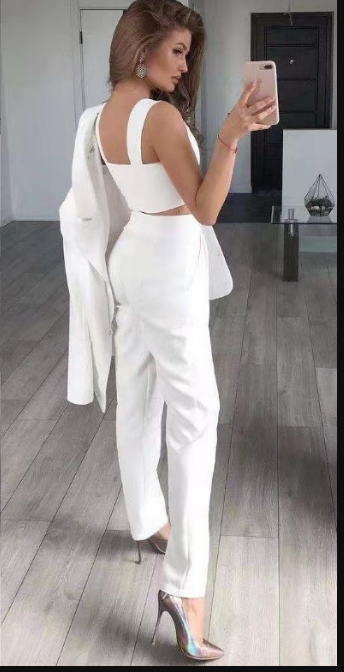 Women’s Blazer Set – Tailored Fit – Crop Top – High-Waisted Flared Pants – 2-Piece
