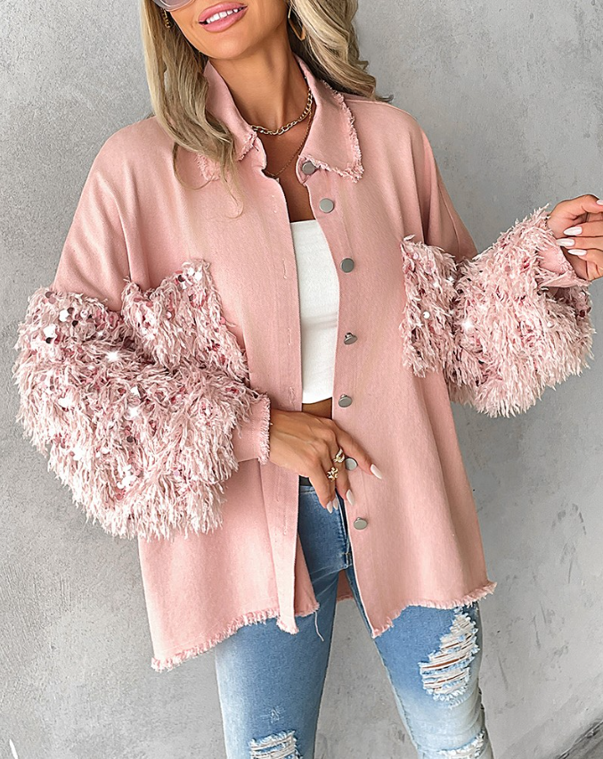 Women's contrast sequin jacket with button closure