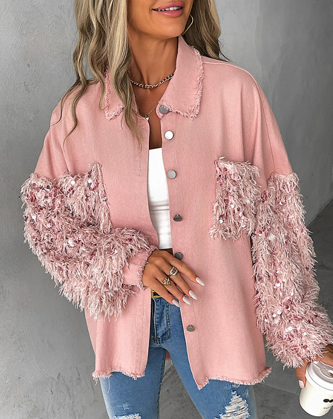 Women's contrast sequin jacket with button closure