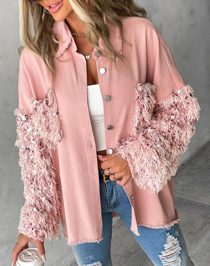 Women's contrast sequin jacket with button closure