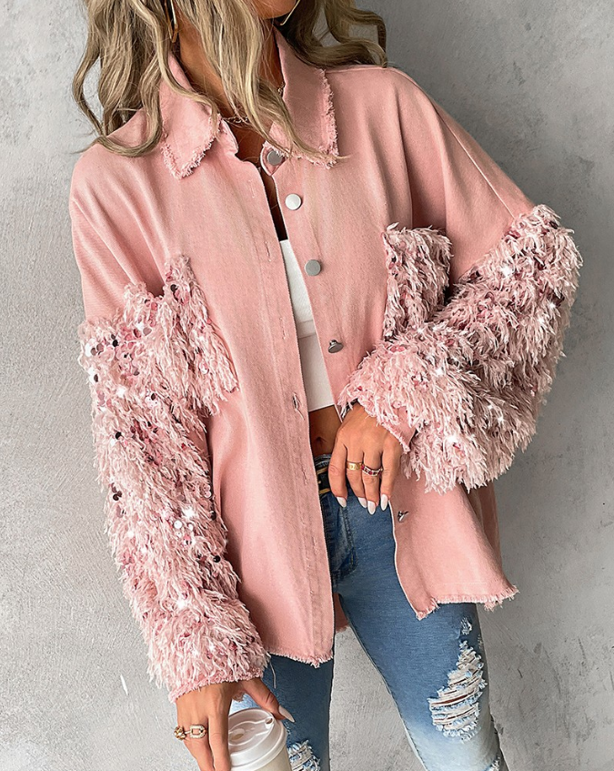 Women's contrast sequin jacket with button closure