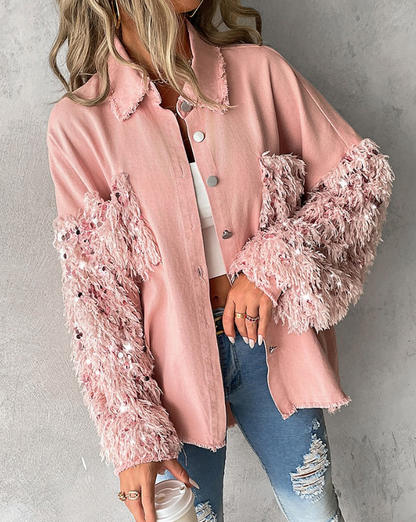 Women's contrast sequin jacket with button closure