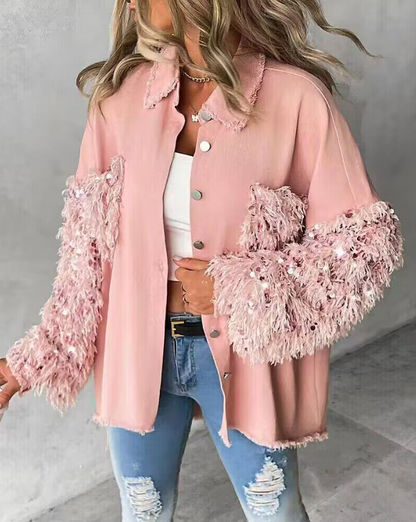 Women's contrast sequin jacket with button closure
