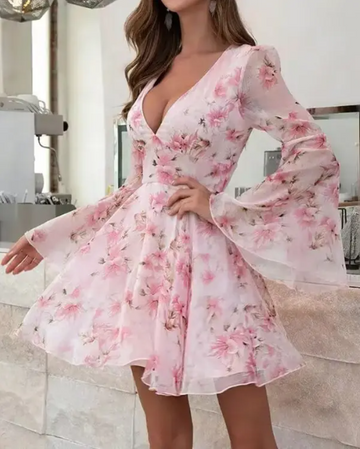 Women's deep floral print dress with bell sleeves