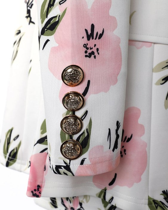 Women's Blazer and Mini Skirt Set - Tailored Fit - Double-Breasted - Floral Print