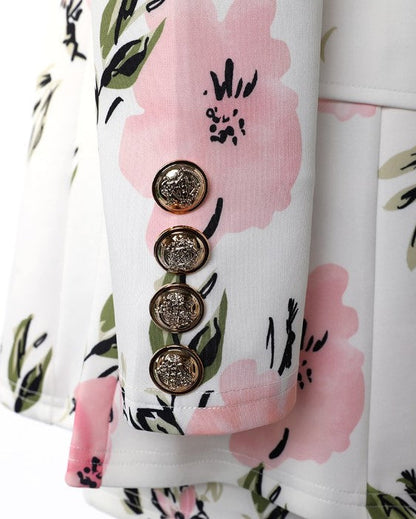 Women's Blazer and Mini Skirt Set - Tailored Fit - Double-Breasted - Floral Print