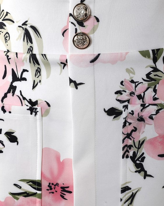 Women's Blazer and Mini Skirt Set - Tailored Fit - Double-Breasted - Floral Print