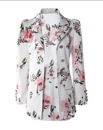 Women's Blazer and Mini Skirt Set - Tailored Fit - Double-Breasted - Floral Print