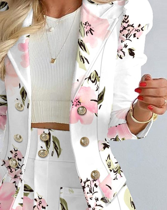 Women's double breasted blazer with floral print and puff sleeves with skirt set