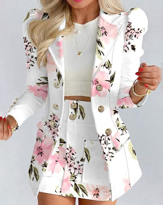 Floral Print Tailored Blazer and Mini Skirt Set