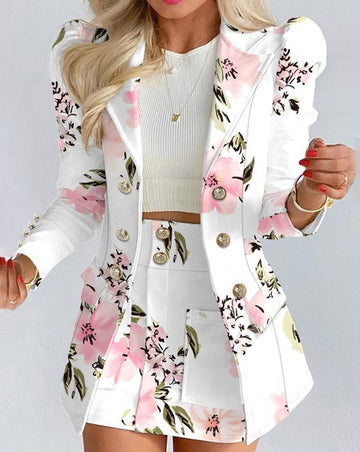 Women's double breasted blazer with floral print and puff sleeves with skirt set