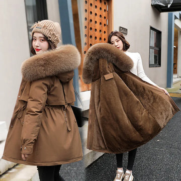 Women's long faux wool-lined parka with fur collar