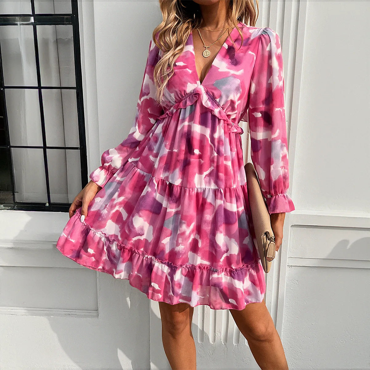 Women’s Mini Dress – Empire Waist – V-Neck – Long Sleeve – Ruffle Hem – Abstract Print