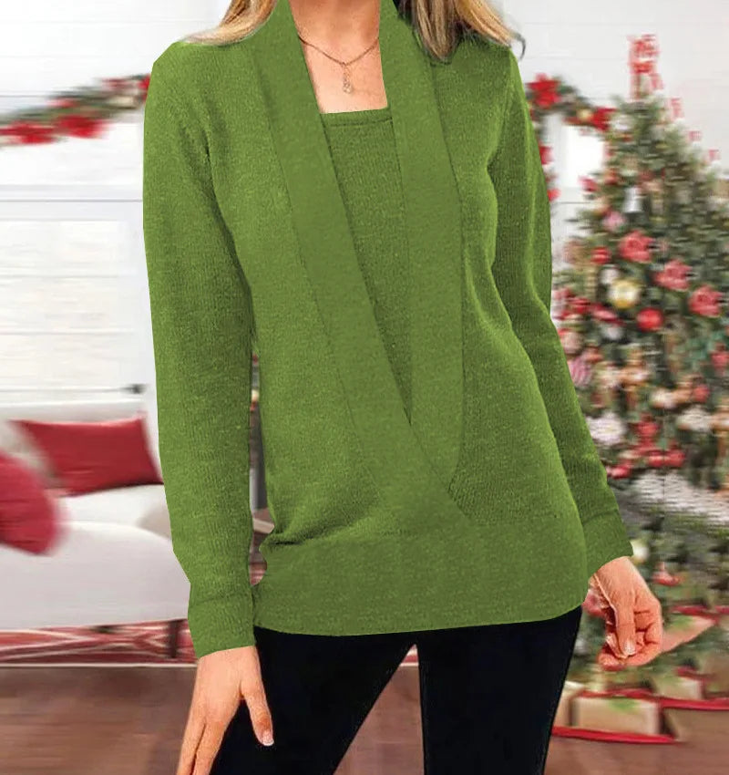 Women's deep V-neck long-sleeved fake two-piece sweater