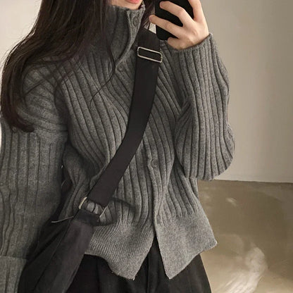 Women’s Knitted Cardigan Top - Ribbed Texture - High Neck - Button Placket - Relaxed Fit - Cropped Length