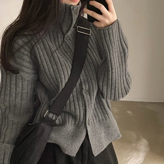 Women’s Knitted Cardigan Top - Ribbed Texture - High Neck - Button Placket - Relaxed Fit - Cropped Length