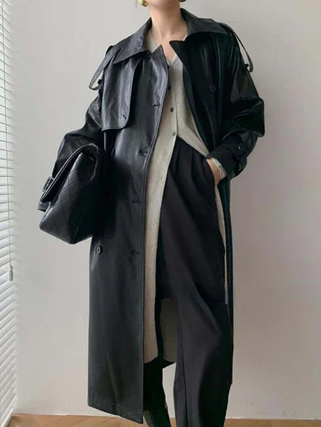 Leather Look Loose Fit Trench Coat 