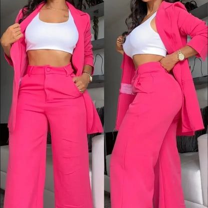 Women's blazer suit with slit sleeves and high waist wide leg trousers two-piece set